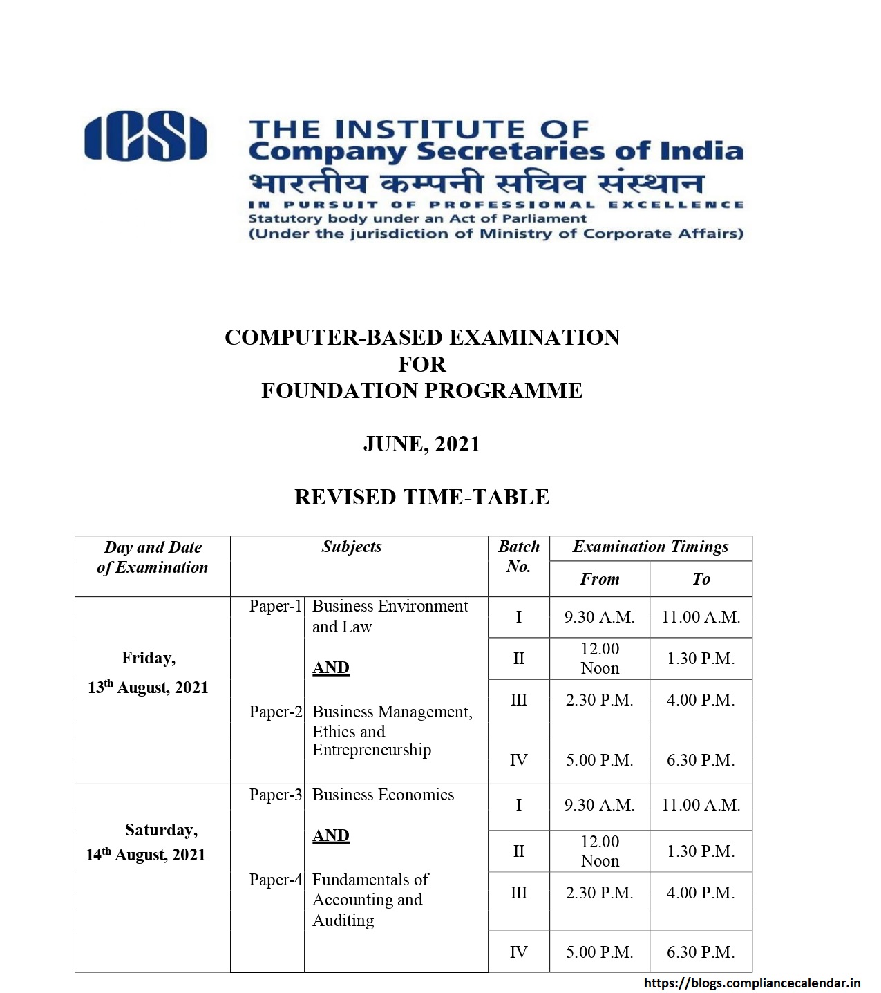 Revised Examination Time Table for Foundation Programmed Examination