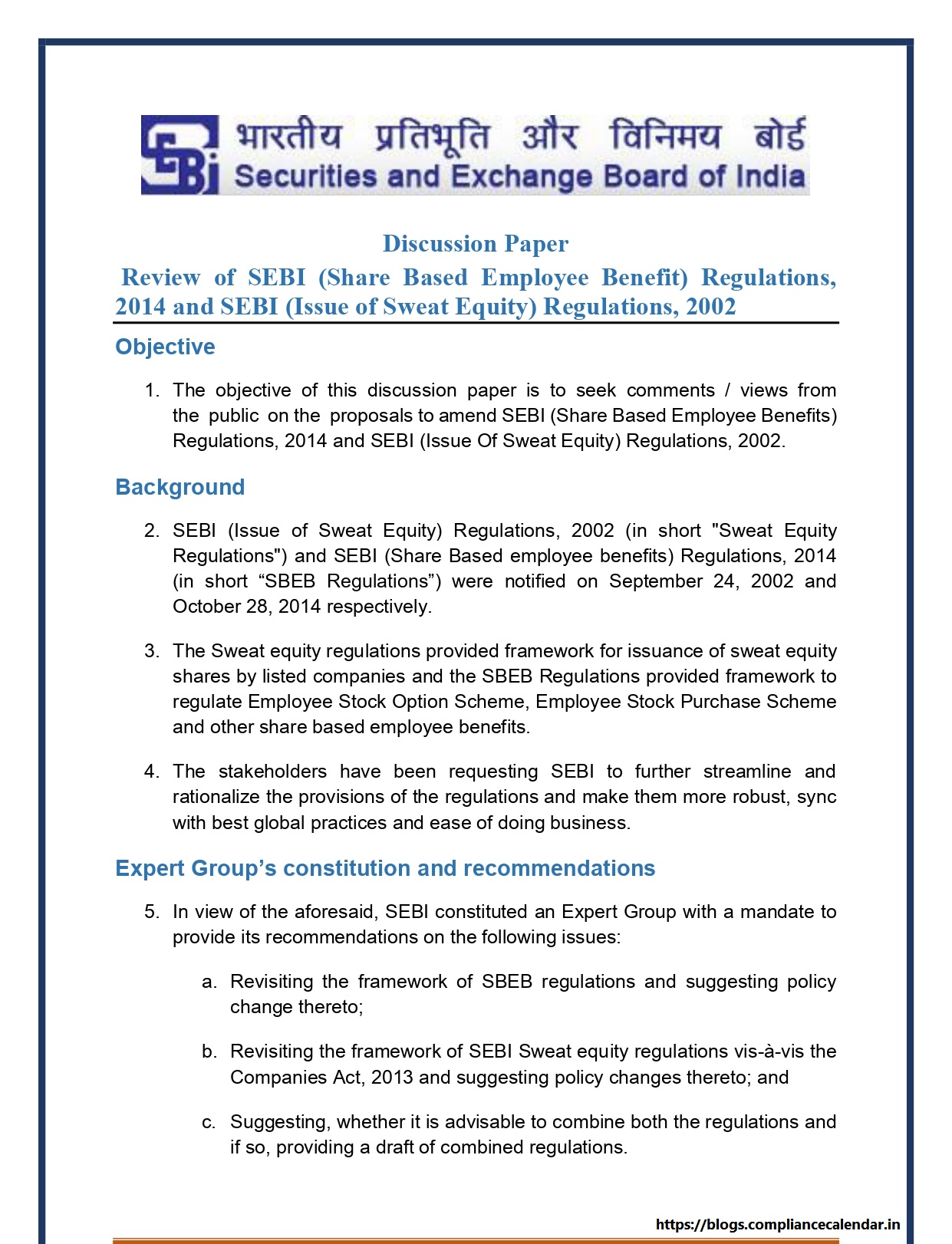 Consultation Paper on Review of SEBI (Share Based Employee Benefits