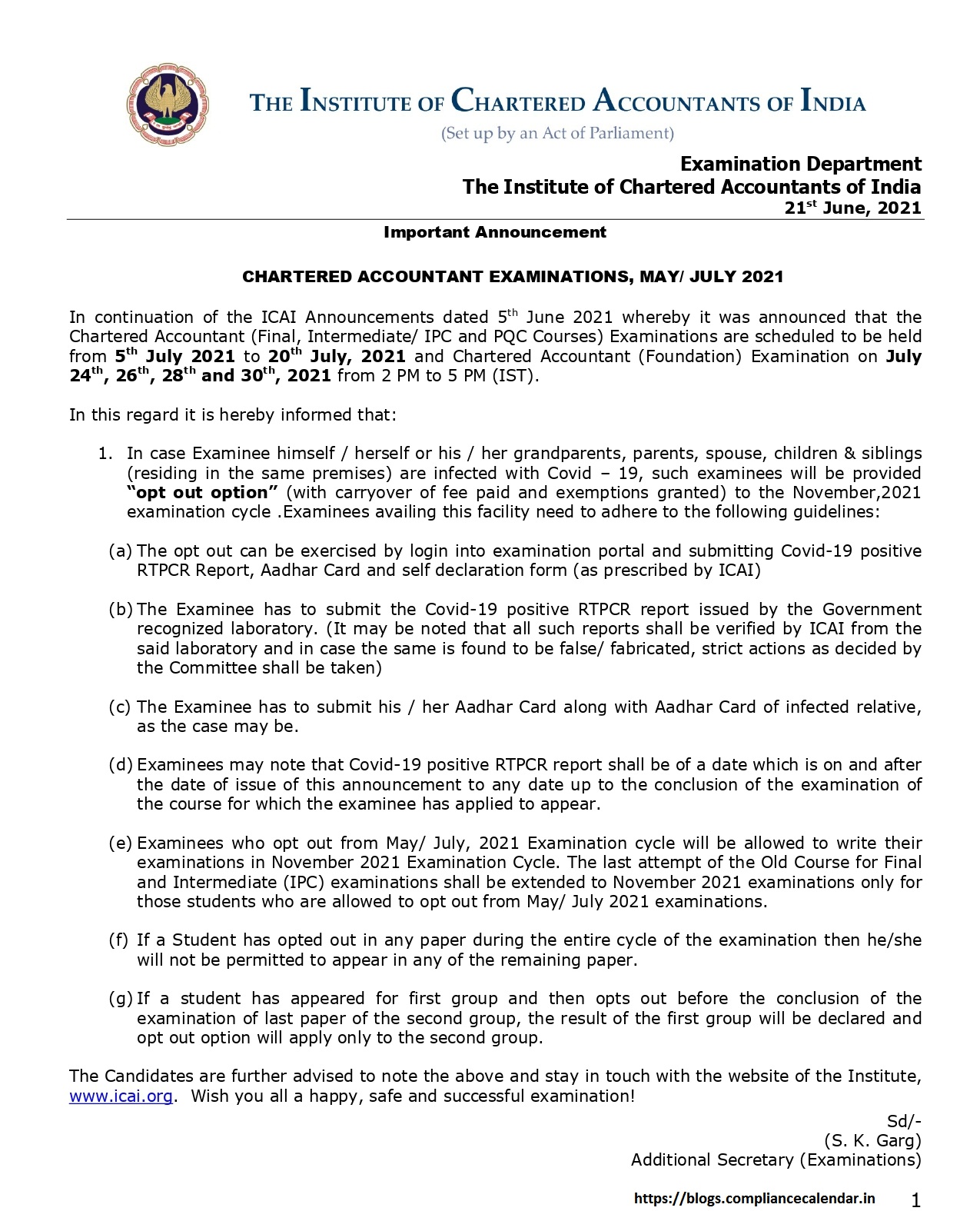 Important Announcement Chartered Accountant Examinations May/ July 2021